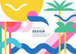Summer tropical abstract color block geometric background. Beach vacation flat symbols. Vector print, banner, poster, greeting card design with palms and flamingo