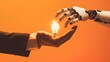 Human hand and robot holding light bulb on orange background,