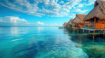 Wall Mural - Tropical bungalows overwater and coral reef. Pacific ocean, Oceania