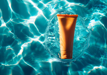 Sunscreen tube at the blue water, mockup of a sun protection cream