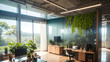 Spacious and sustainable office design boasting large windows, indoor plants, and contemporary wooden furniture in a serene, well-lit environment