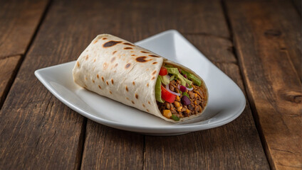 Wall Mural - Image of a plate of burritos placed on a white plate on a wooden table 42