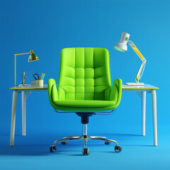 Wall Mural - 3d image of green chair and table with office tools with beautiful blue background.