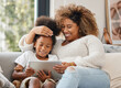 Black family, laughing and tablet for education, gaming or streaming on sofa of living room in home together. Smile, technology and mother with girl kid in apartment for homework, research or study