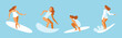 © venimo - Vector illustration in flat style, summer horizontal banner with copy space for text, girl surfing on the wave on the ocean..