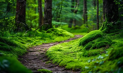 Wall Mural - moss-covered forest path Highlight the lush green hues and intricate textures for a peaceful, Generative AI