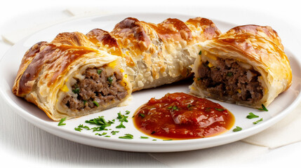 Wall Mural - Traditional algerian brik pastry, meat-stuffed and served with spicy sauce on a white plate, garnished with chopped herbs