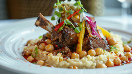 Wall Mural - Delicious traditional algerian cuisine with tender meat, chickpeas, and vegetables, topped with fresh herbs