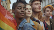 © Patarapoom - Group of young activist for lgbt rights with rainbow flag, diverse people of gay and lesbian community Stock Photo photography