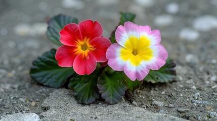 Two flowers sprouting on a rocky ground, AI-generated.