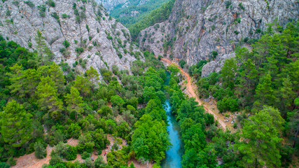 Poster - Yazili Canyon Nature Park is famous for its lakes and green landscapes, sparkling flowing waters, rich diversity of fauna and flora. Isparta, Turkey..
