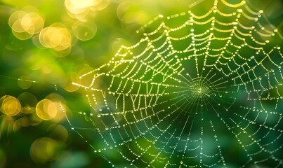 Wall Mural - Dew on a spider web against a blurred green background, Generative AI