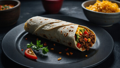 Wall Mural - Image of a plate of burritos placed on a white plate on a wooden table 33