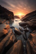Sunset at the rocky coastline generative AI
