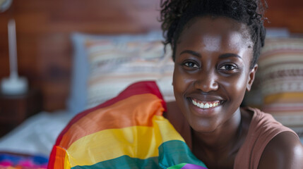 Canvas Print - Happy young african working woman carrying flag of LGBT rainbow. symbol and smiling in Bed room.Concept of homophobia, diversity, laptop, peace and love, freedom, liberty.Gender Equality,no racism. St