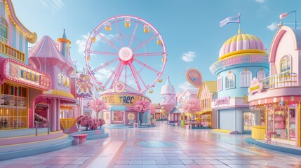 Enchanting candy-themed amusement park with vibrant colors and whimsical designs under a dreamy sky