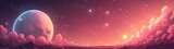 Fototapeta  - panoramic background for double screen or banner of a beautiful pink and purple sky with a large planet and stars