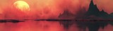 Fototapeta  - panoramic background for double screen or banner of a beautiful sunset over a calm body of water with mountains in the background