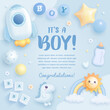 Baby shower square invitation, greeting card or web banner with cartoon rocket, toys, rainbow and helium balloons on blue background. It's a boy