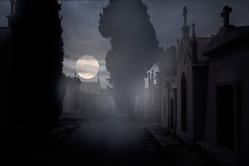 Poster - Old cemetery in a full moon night