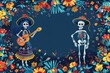 Minimalist Day of the Dead Theme with Geometric Dancing Skeletons, Musical Instruments, and Flowers Border


