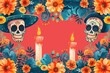 Minimalist Day of the Dead Theme with Geometric Family Portraits, Candles, and Marigold Garlands Border

