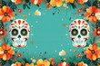 Minimalist Day of the Dead Theme with Geometric Masks, Sugar Skulls, and Floral Designs Border

