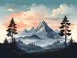 Realistic illustration of a mountain landscape with hills and coniferous forest under retro. Smoke mountains. vector landscape for your design. Magic hill silhouette Generative AI 