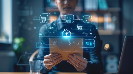 Leinwandbilder - A business executive interacts with a digital interface on a smartphone, managing smart home technology that includes security and automation features