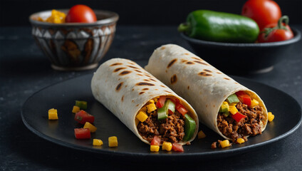 Wall Mural - Image of a plate of burritos placed on a white plate on a wooden table 8