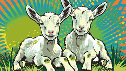 Pop art concept Two cute baby goats are sitting on a green meadow. Colorful background in pop art retro comic style.