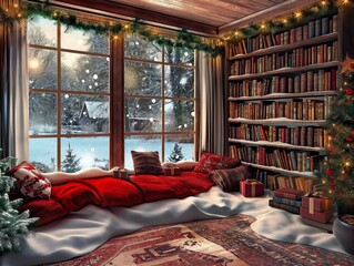 Wall Mural - A cozy room with a red couch and a window with snow outside. The room is decorated with Christmas lights and a Christmas tree. There are many books on the shelves