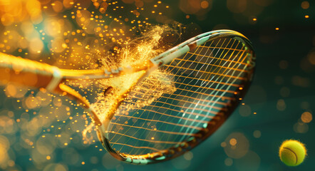 Wall Mural - A closeup of a tennis racket hitting a yellow ball, with dynamic motion and energy particles in the background, creating visual effects that highlight speed and power.