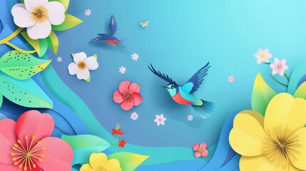 Wall Mural - A decorative background in the style of paper art with swallows and flowers