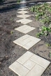 Paving concrete tile garden path in bright sunshine.