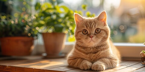 Sticker - Cute British shorthair golden cat sitting on wooden surface at home while looking at camera