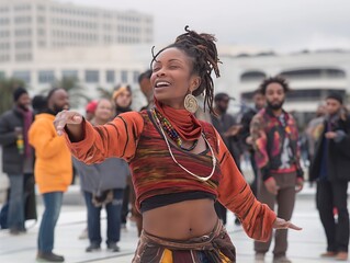 A woman in a colorful outfit is dancing and smiling. She is surrounded by a group of people, some of whom are also dancing. Scene is joyful and lively, as everyone seems to be having a good time