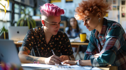 LGBTQ+ transgender man Beautiful Authentic Specialist� with Pink Hair and Non-binary trans working together Working Design in creative workplace team work colleagues Gender equality. Stock Photo photo