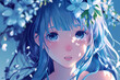 beautiful girl with blue hair and flowers in her hair