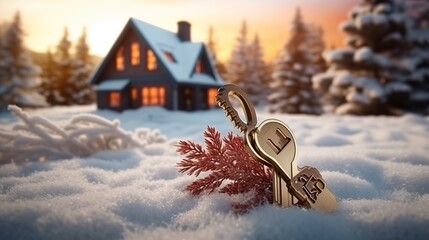 Wall Mural - Key with house shaped keychain. Modern country private house with winter snowy garden on the background.