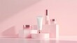 Make up products prsented on white podiums on pink pastel background Mockup for branding and packaging presentation