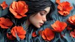 Serene Woman Surrounded by Lush Orange Flowers and Green Foliage in a Fantasy Illustration