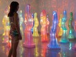 A girl stands in front of a room full of colorful sculptures. The sculptures are made of different materials and are illuminated with lights. The room has a vibrant and lively atmosphere