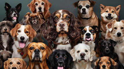 Wall Mural - Collage of various dog breeds with different expressions and fur colors. Veterinary service advertisements emphasizing care for all breeds. Concept of animal theme, care, pet friend, vet, dog