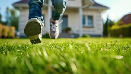 close up of grass with a child running in the background, a blurred house and yard in the background