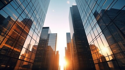 Wall Mural - Low angle image of typical contemporary office towers, tall structures with glass facades. financial and economic foundation concepts.