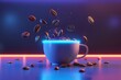 3d render of coffee beans falling into mug of coffee