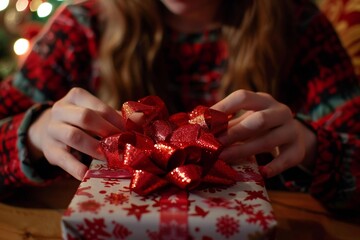 Young Caucasian woman adds a vibrant red bow to festive gift wrapping