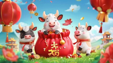 Poster - A Chinese new year celebration poster for 2021. A cute cow and a red lucky bag. Translation: May you roll in money this year.
