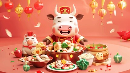 Poster - An attractive promotional poster for a Chinese restaurant for New Year features a cow chef serving tasty Chinese dishes on a round table. Available for preorder now.